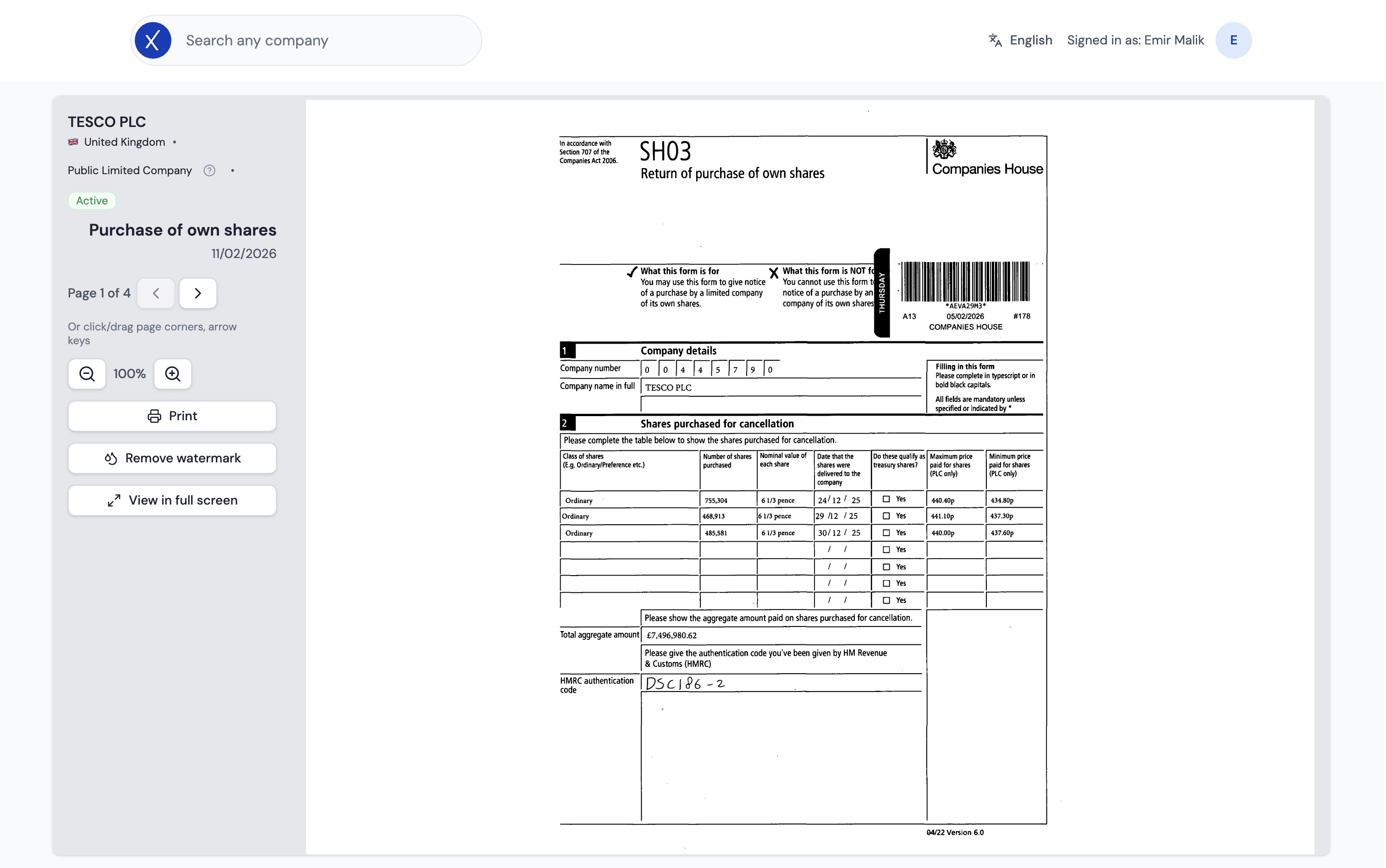 Companexia document viewer showing an official filing preview and actions
